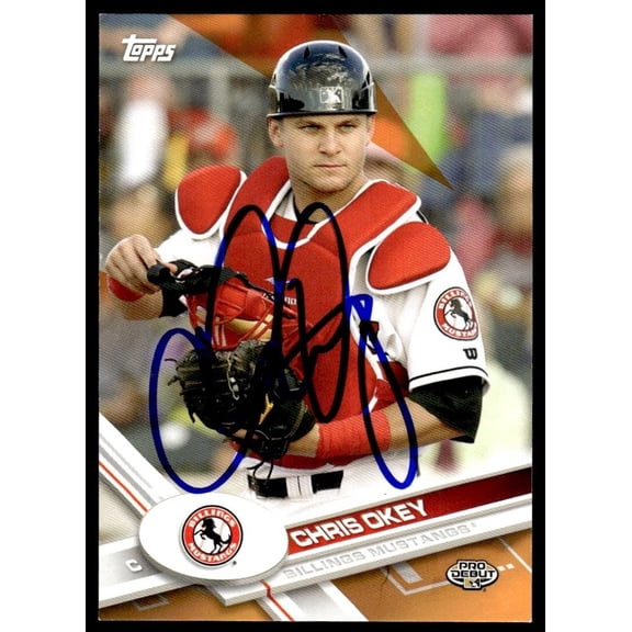 2017 Topps Pro Debut Orange Chris Okey Auto 12/25 Billings Mustangs #130 Baseball Card Autographed Baseball Trading Card
