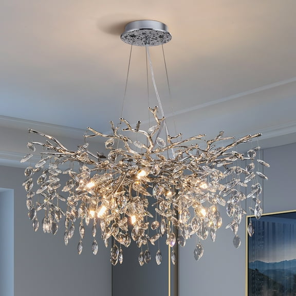Modern Tree Branch Crystal Chandelier Luxury Silver Crystal Pendant Lighting 30" Contemporary 10-Light Chandeliers for Dining Room Kitchen Bedroom Living Room