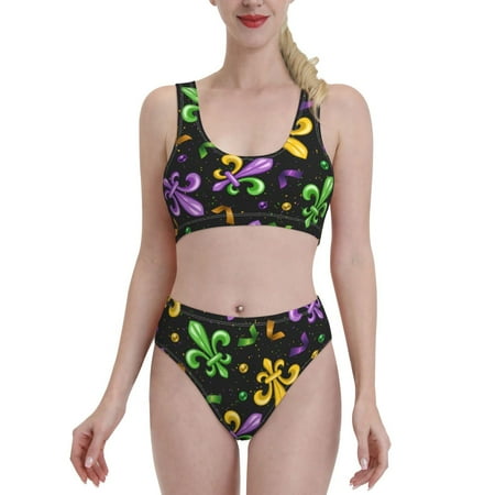 Bixox Mardi Gras Carnival4 Pattern Two-Piece Sports Bikini with U-Shaped Top and High-Waist Bottom - Women s Swimwear with Removable Bra Pads