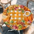 thumbnail image 2 of Orange Pumpkins Round Tablecloth, Fitted Table Cover with Elastic for 55"-60" Round Tables, Checkered Farmhouse Botanical Leaves Table Cloth Outdoor Indoor Dinning Party Waterproof Tablecloths, 2 of 7