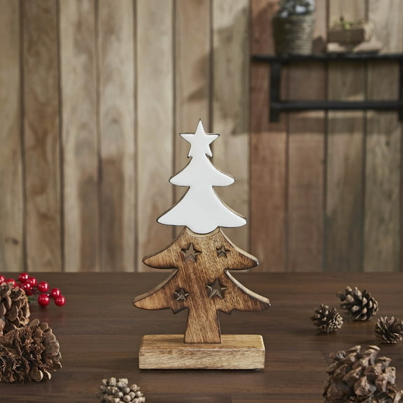 VHC Brands Christmas Tree Two Toned White Natural Wooden Figurine 10x5.5x2