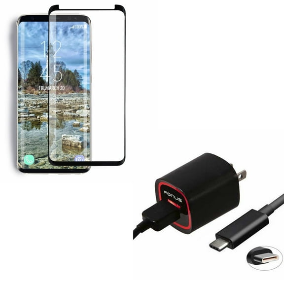 Compatible With Samsung Galaxy S9 - Tempered Glass Screen Protector 5D Touch w 18W USB Adaptive Fast Home Charger 6ft Type-C Turbo Cable