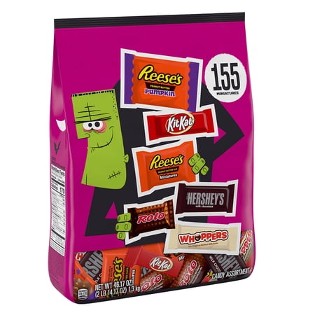 Hershey Assorted Chocolate Flavors Miniatures, Halloween Candy Bulk Bag, 46.17 Oz (155 Pieces)
