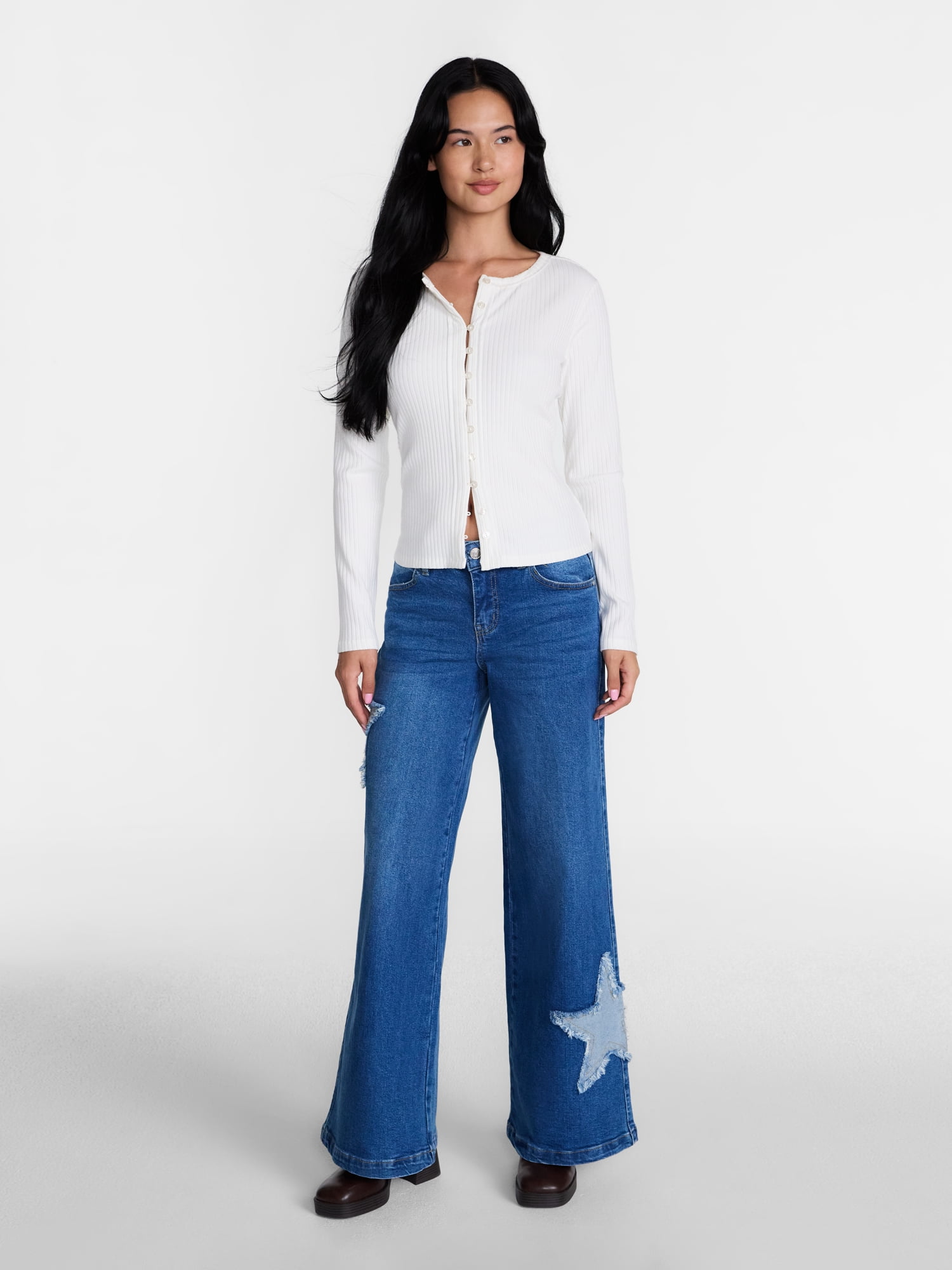 Madden NYC Women's Star Patch Wide Leg Jeans, 31" Inseam, Sizes 00-18