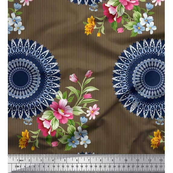 Soimoi Cotton Duck Fabric Stripe,Floral & Mandala Printed Fabric 1 Yard 42 Inch Wide