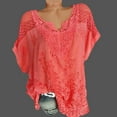 thumbnail image 2 of safuny Women's Trendy Plus Size Cotton Linen Tops Solid Clothing Trendy Tees Summer Lace Crochet Splicing Elegant Short Sleeve Shirts Sale V Neck Pullover Watermelon Red S, 2 of 9