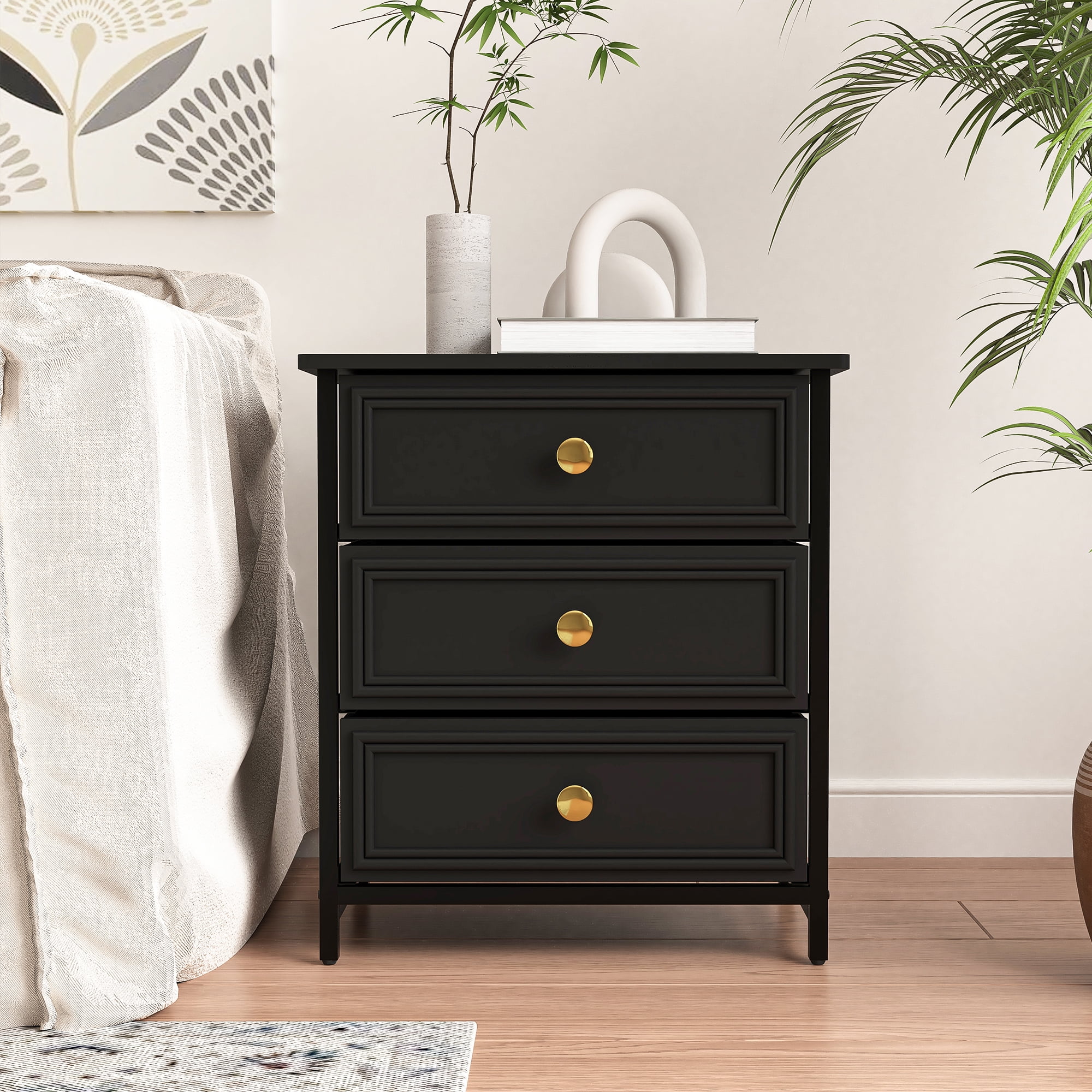 Demi Bonn Nightstand Set of 2, Bedside Table with 3 Decorated Drawers, Wood Accent Side End Table with Storage for Bedroom, Black