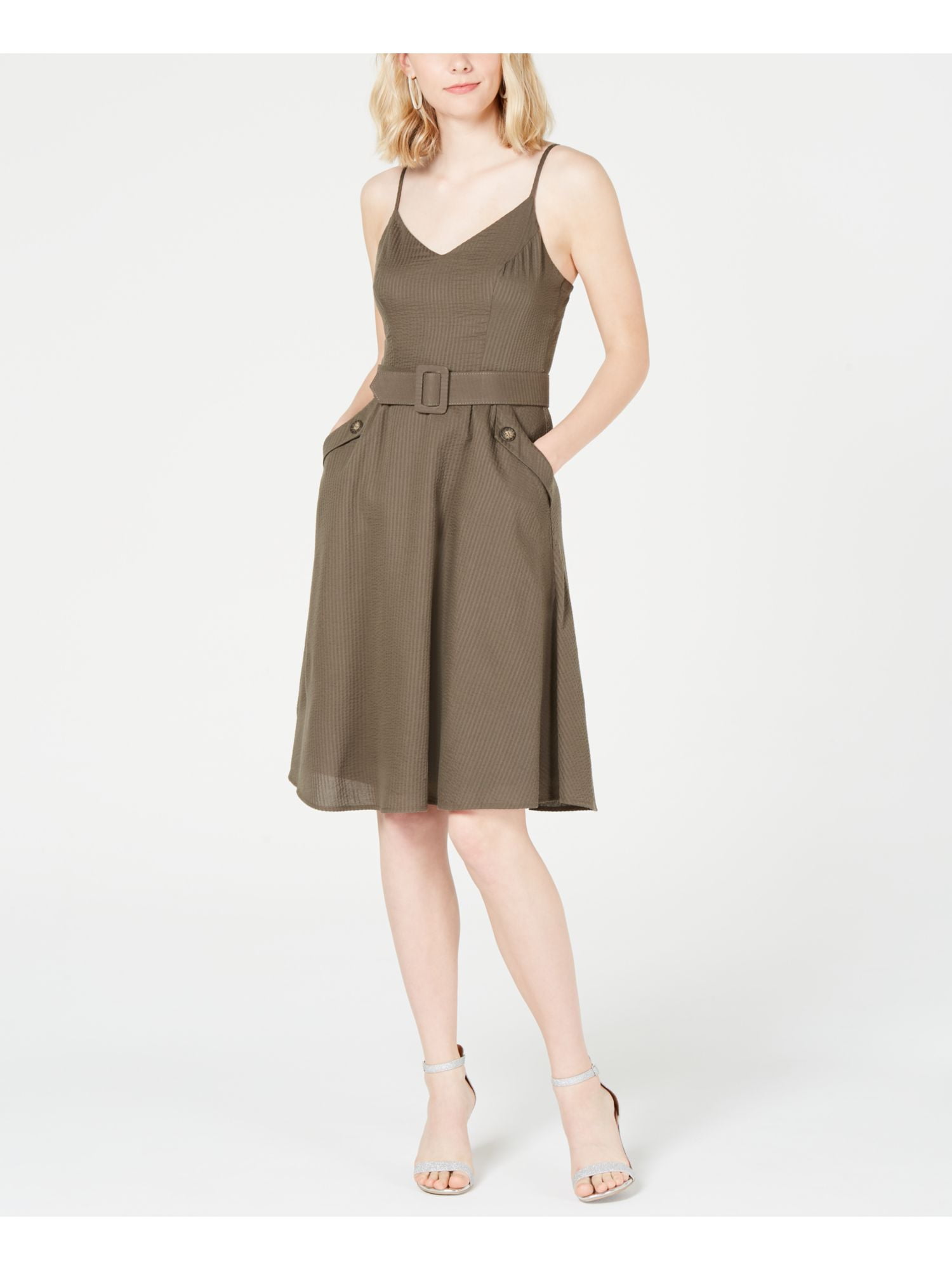 City Triangles - CITY TRIANGLES Womens Green Belted Pocketed Spaghetti Strap V Neck Knee Length 