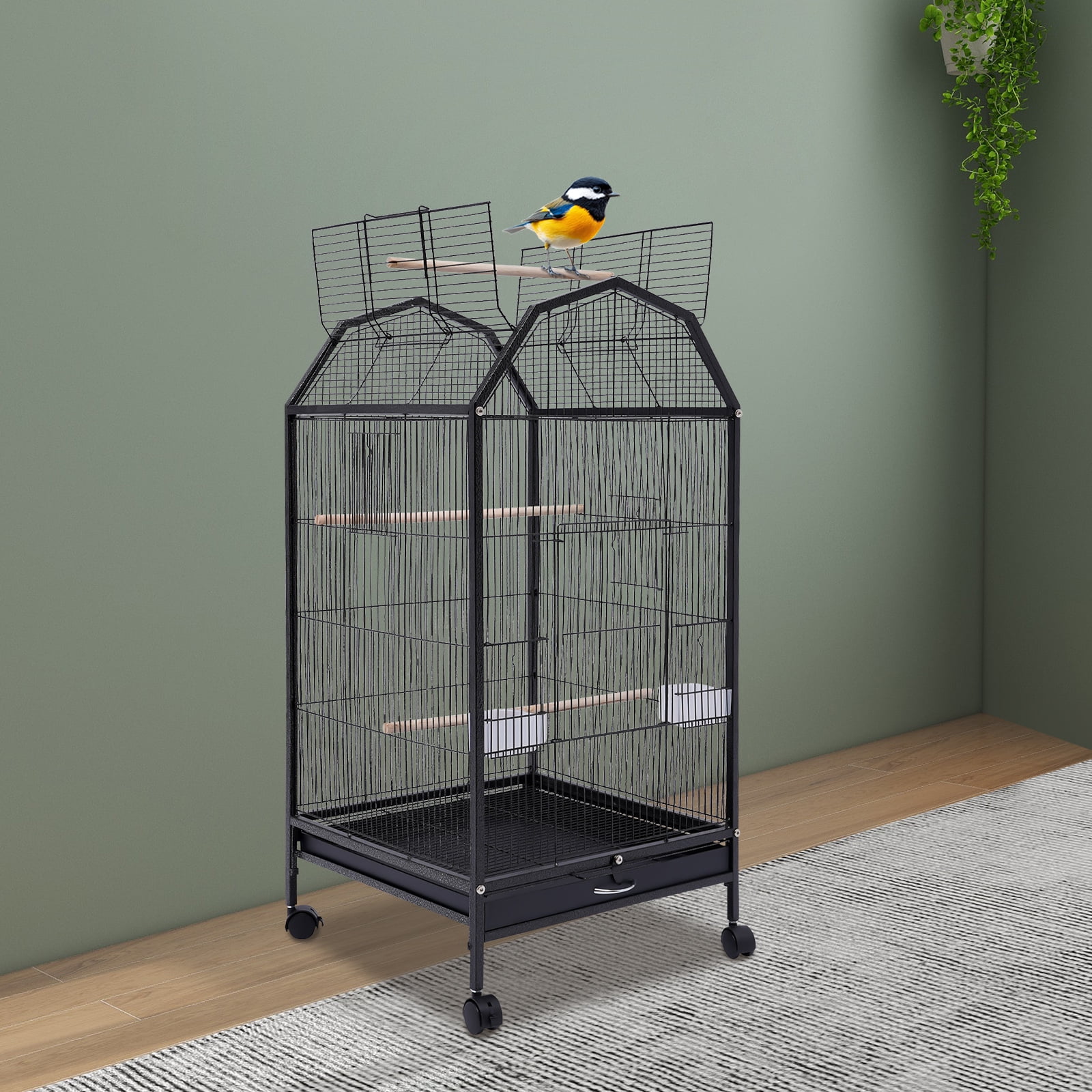 Peakora Parakeet Bird Cage with Stand Metal Pet Bird Flight Cages Large Finch Bird Cage for Conure Canary Parekette Parrot Pet House, Black