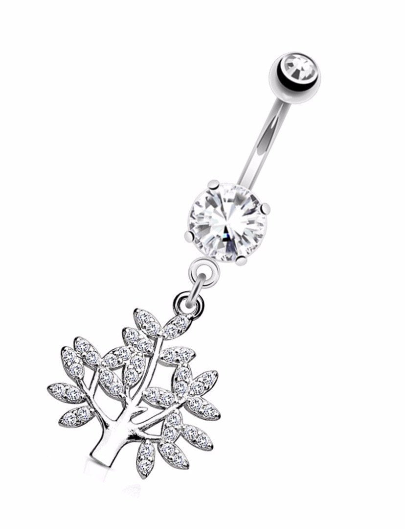 Navel Ring Dangle CZ set Tree of Life on CZ Prong set Surgical Steel Belly Bar