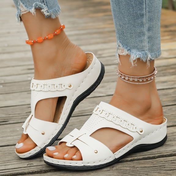 Domuza Orthopedic Sandals for Women 2026 Summer Peep Toe Strap Wedge Sandals Lightweight Casual comfort Hollow Out Slip On Walking Shoes White 8(EU-40)