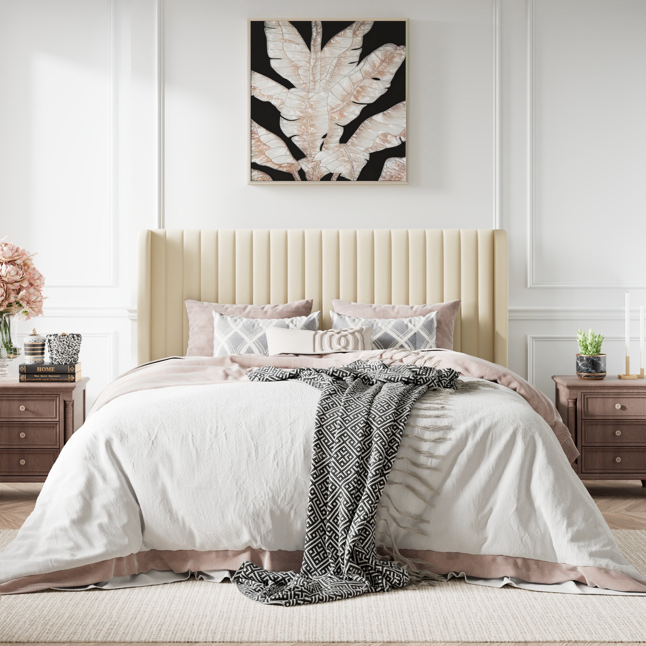Amolife Queen Size Velvet Upholstered Bed with Wingback Headboard, Cream
