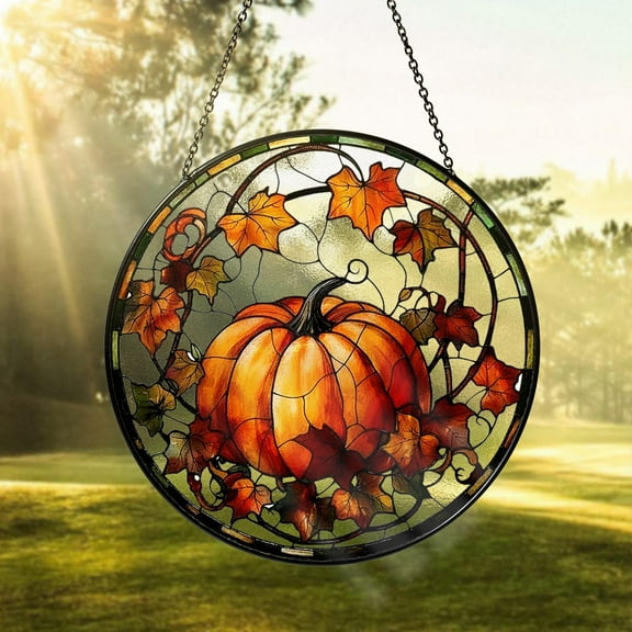 Pumpkin Stained Glass Suncatcher Fall Window Hanging Decor Autumn Leaves Sun Catcher Thanksgiving Halloween, Rustic Harvest Home Decor