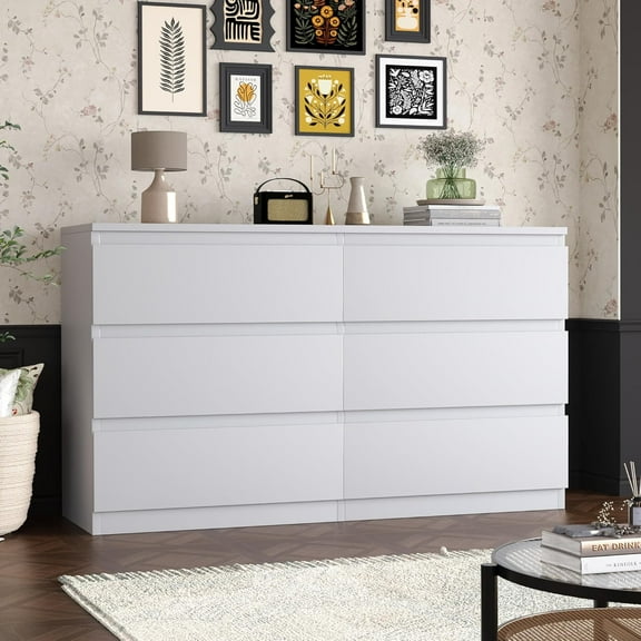 White Dresser for Bedroom,48 Inch Wide 6 Drawers with No Handles,Modern Dresser with Deep Drawers,Large Wood Double Chest of Drawer for Hallways