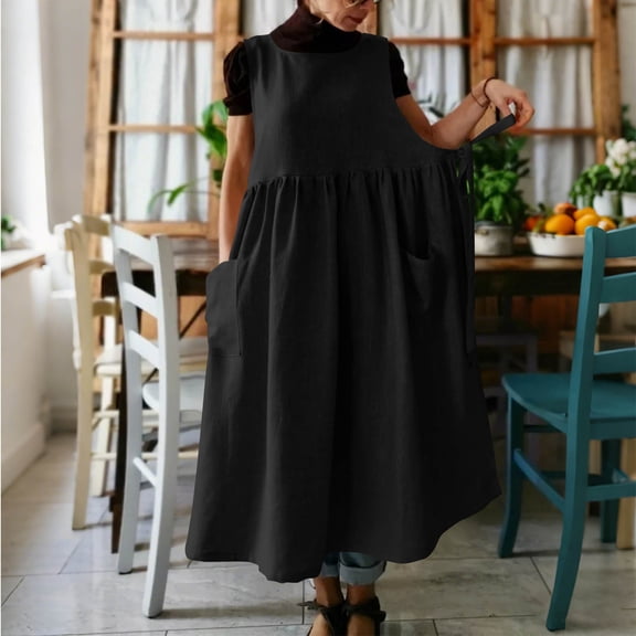 ClodeEU Women's Sleeveless Round Neck Linen Blend Maxi Dress with Pockets, Casual Loose A-Line Long Dress Black,Women's Plus L