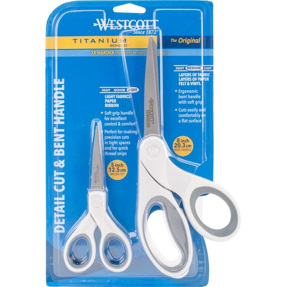 Westcott Titanium Bonded Craft Scissors - 8" Bent and 5" Straight, White, 2-Pack