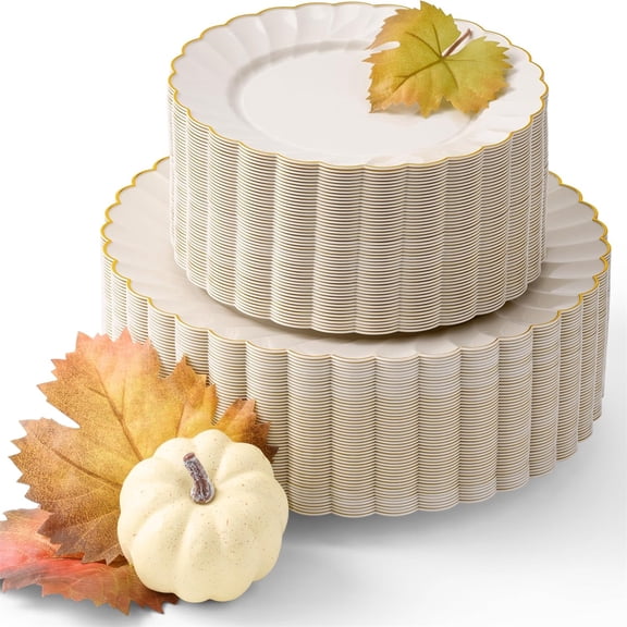 100 Pc Thanksgiving Plastic Plates for Party – Scalloped Plates with Gold Trim Disposable Plates for Fall Parties, Weddings & Friendsgiving (50 Guests)