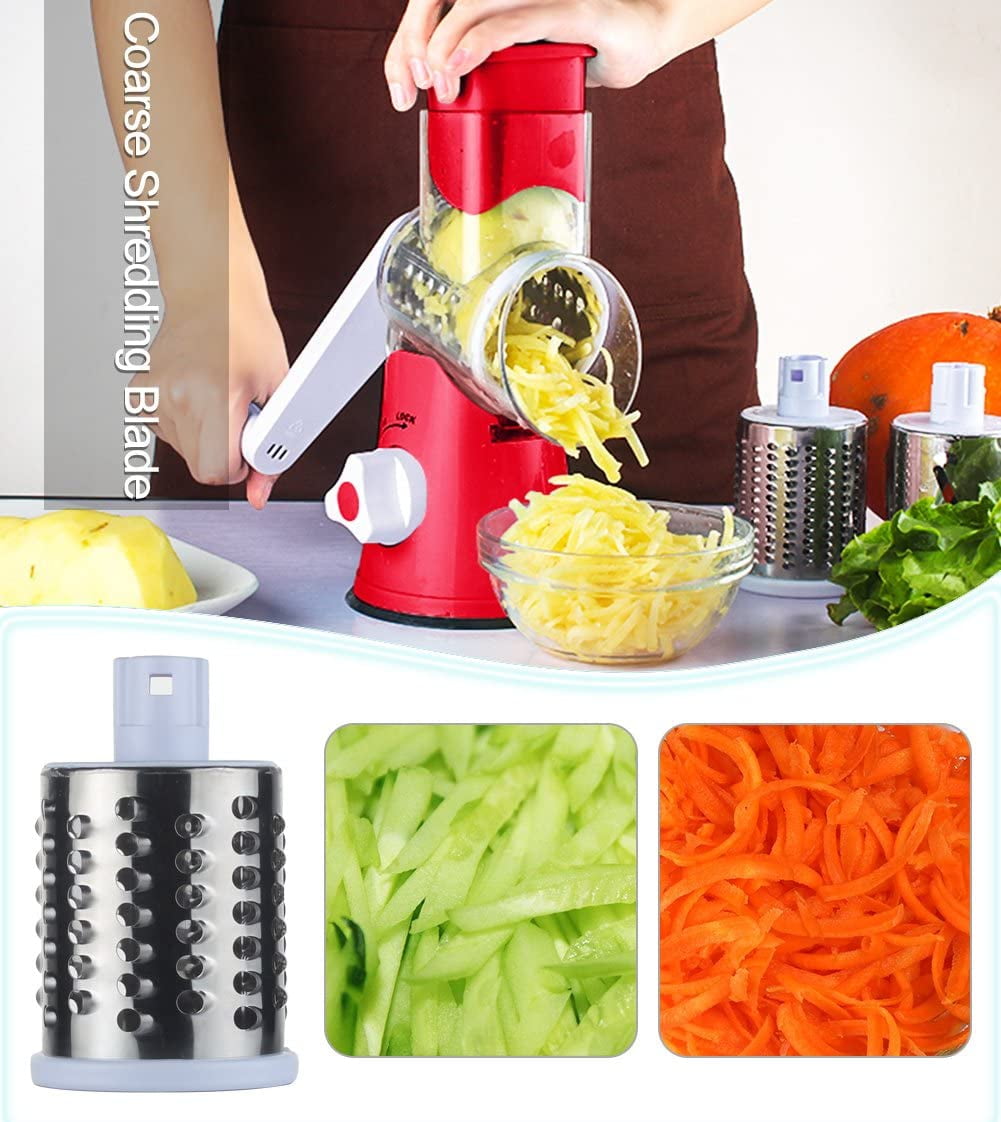 Ourokhome Rotary Cheese Grater Shredder - 3 Drum Blades Manual Speed Round  Food Slicer Nut Grinder with Strong Suction Base for Cheese, Vegetable,  Walnut, Choco…