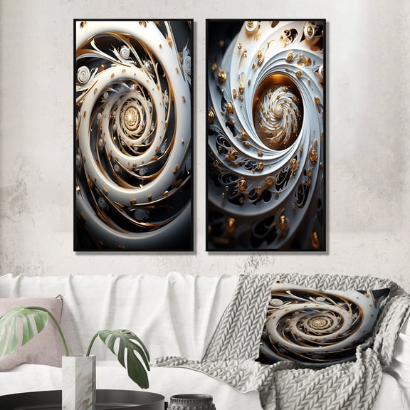 Designart "Floral Liquid Gold Spiral Eflorescence I" Abstract Spirals Framed Wall Art Set Of 2 - Transitional White Framed Canvas Set For Living Room Decor