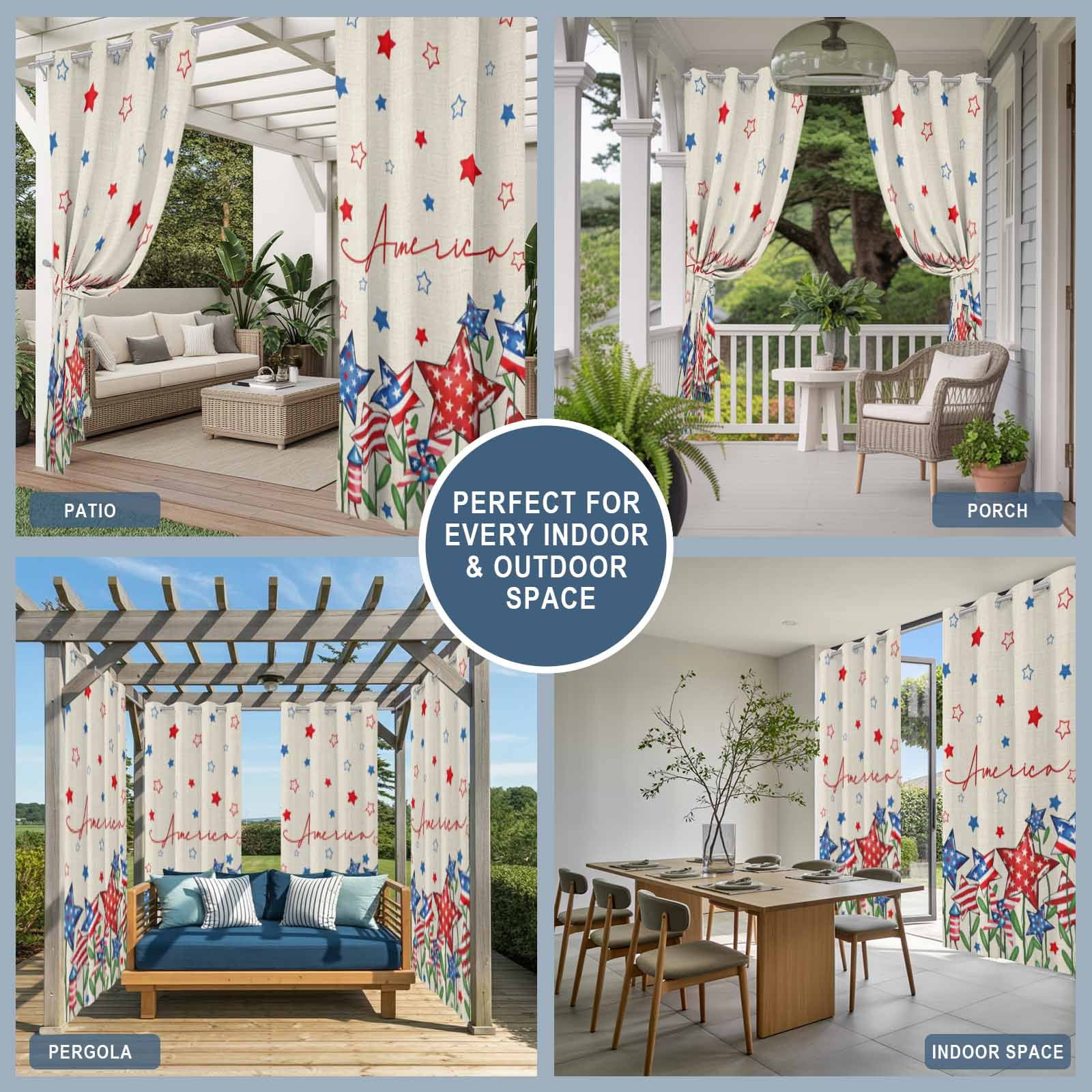 Independence Day Star Outdoor Curtains for Patio, Modern Blue Red American Stars Plant Linen Texture Sunshade Privacy Drapes Grommet Waterproof Outside Curtains for Porch Balcony 54"x95", 2 Panel