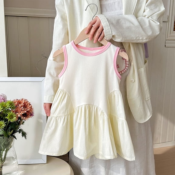 Girls Cotton Dresses 1-8Y Cute Sleeveless Crew Neck Sundresses Toddlers Kids Casual Pullover Solid Color Lightweight Pleated Tank Dress