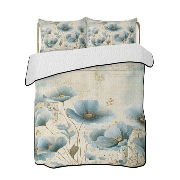 Full Size Quilt Bedding Set, Spring Floral Reversible Summer Quilt 3 Pieces, Teal Tulip Botancal Summer Flowers Lightweight Bedspreads Coverlets with 2 Pillow Shams for All Seasons