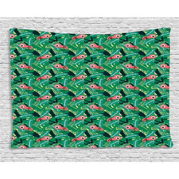 Island Tapestry, Tropical Pattern with Pink Chameleons on Palm Leaf Exotic Climate Nature Jungle, Wall Hanging for Bedroom Living Room Dorm Decor, 60W X 40L Inches, Multicolor, by Ambesonne