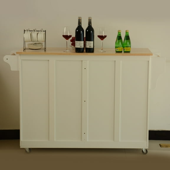Cterwk 4 Doors Kitchen Island with Shelf and Wheels and 2 Drawers, Wood Top Rolling Cart for Dining Room, Kitchen, Bar, White