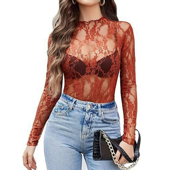 Yokua Mesh Top for Women Long Sleeve Mock Neck Sheer Blouse Floral Lace Slim T-Shirt