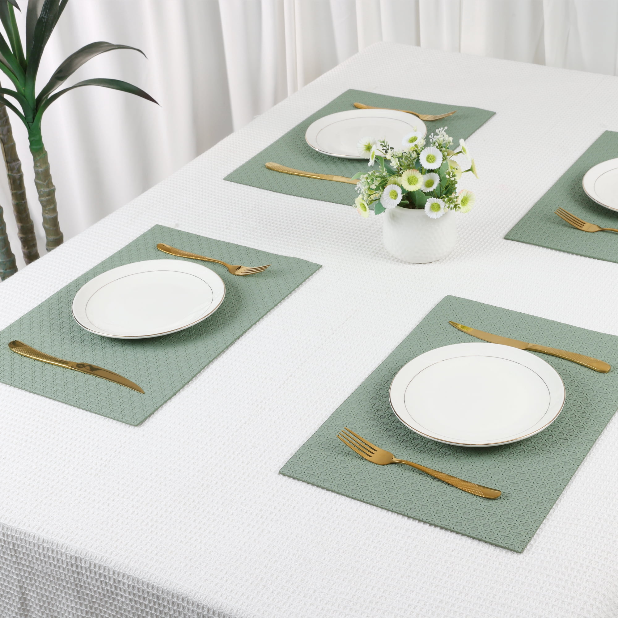 Unique Bargains Set of 6 Woven Placemats for Dining Green 17*12in