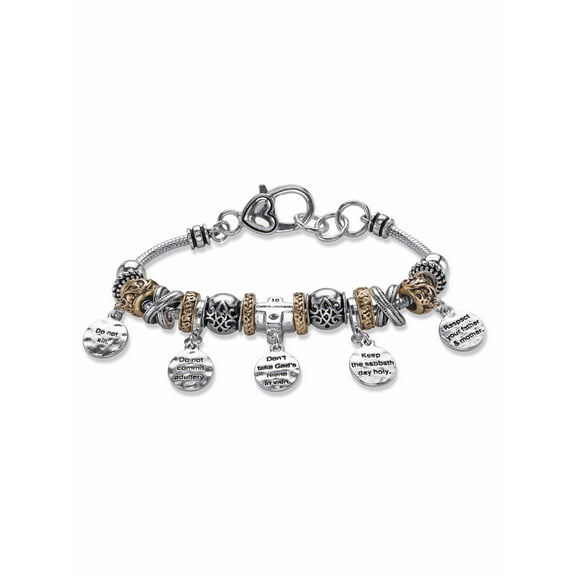 PalmBeach Jewelry Ten Commandments Bali-Style Beaded Charm Bracelet in Two-Tone Goldtone and Silvertone 8"