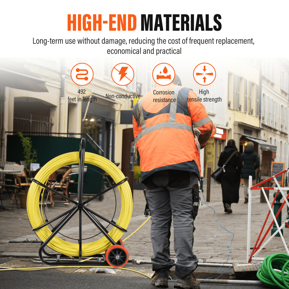 8MM 492FT Fiberglass Fish Tape, Non-Conductive Duct Rodder for Electrical Conduit Wiring and Commercial Building Installations