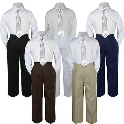 

3pc Silver Tie Suit Shirt Pants Set Baby Boy Toddler Kid Uniform S-7