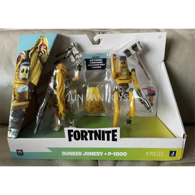figuras de acción originales de fortnite colección Toy Squad Mode, vista frontal de Bunker Jonesy y P-1000 en azul eléctrico y amarillo en empaque abierto con 9 piezas; incluye accesorios, armas pequeñas y base, caja con logo FORTNITE visible.