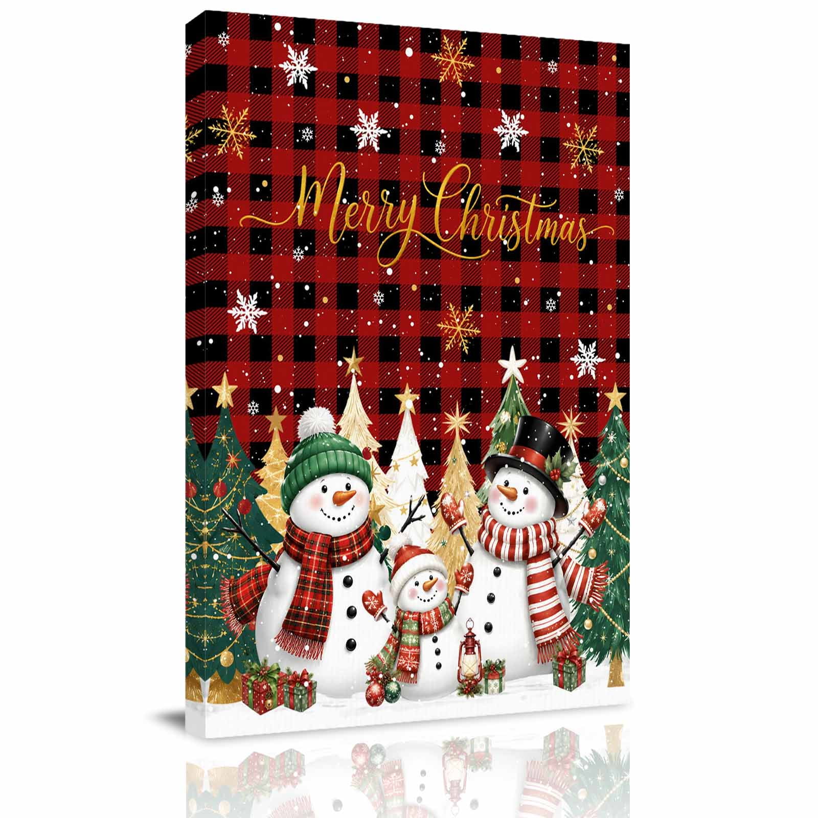 Canvas Wall Art Merry Christmas Framed Canvas Prints for Living Room Bedroom Xmas Trees Snowman Snowflake Gifts Plaid Red Extra Large Gallery Wrapped Wall Decor for Home Office Gifts 24 x36