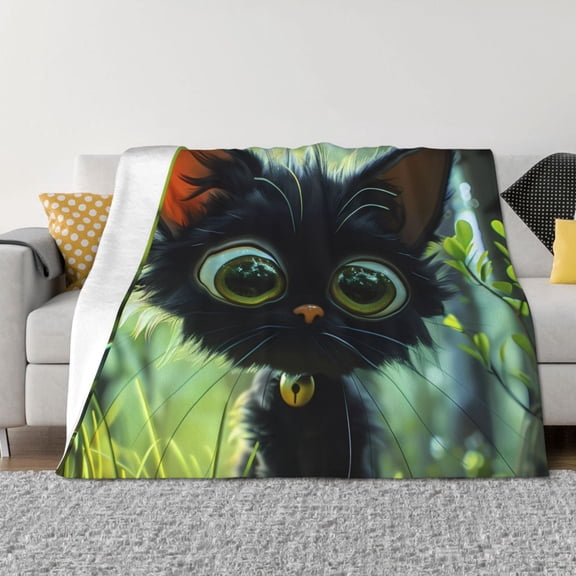 Throw Blanket for Couch - Cute Big-Eyed Black Cat Soft Comfy Lightweight Cozy Warm Throw Blanket, Fuzzy Plush Flannel Blanket & Throws for Sofa and Bed All Season