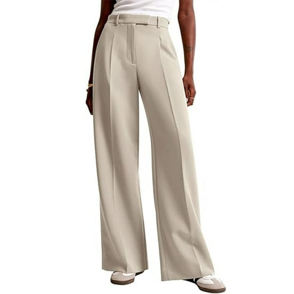 TrendOFT Wide Leg Dress Pants for Women High Waisted Business Casual Work Trousers Dressy Pants with Pockets Beige L