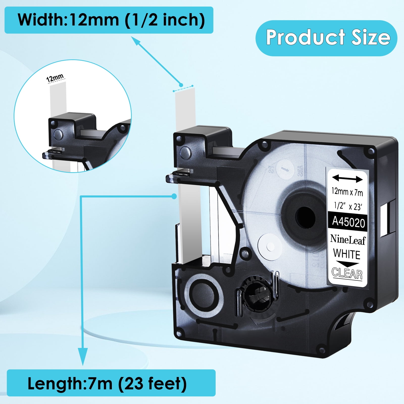NineLeaf 10PK Compatible for DYMO D1 45020 1/2" x 23' (12mm x 7m) White on Clear Label Maker Tape for Label Manager 100 120P 160 210D