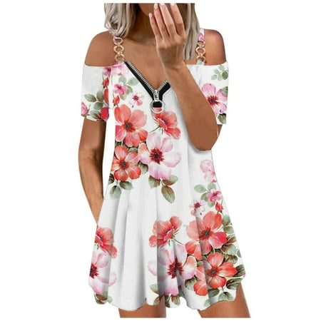 

Juebong Off The Shoulder Dress for Women Sexy Zip Up V Neck Short Sleeve Mini Dresses Loose Ruched Flowy Beach Sundress