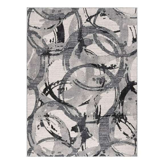 Lela Collection Gray and Ivory Geometric Circles Polyester Rug - 7'6" X 10'6"