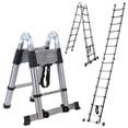 thumbnail image 1 of BOWEITI 14.5FT Multi-Purpose A-Frame Telescoping Extension Stainless Steel Ladder with 2 Triangle Stabilizers & Wheels, 330lb Capacity, 1 of 7