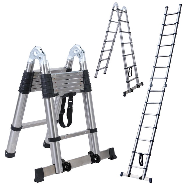 BOWEITI 14.5FT Multi-Purpose A-Frame Telescoping Extension Stainless Steel Ladder with 2 Triangle Stabilizers & Wheels, 330lb Capacity