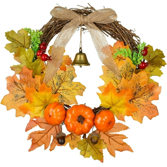 Coolmade 12 Inch Artificial Autumn Fall Wreath, Harvest Thanksgiving Door Wreath for Front Door with Pumpkins, Maple Leaf and Berry