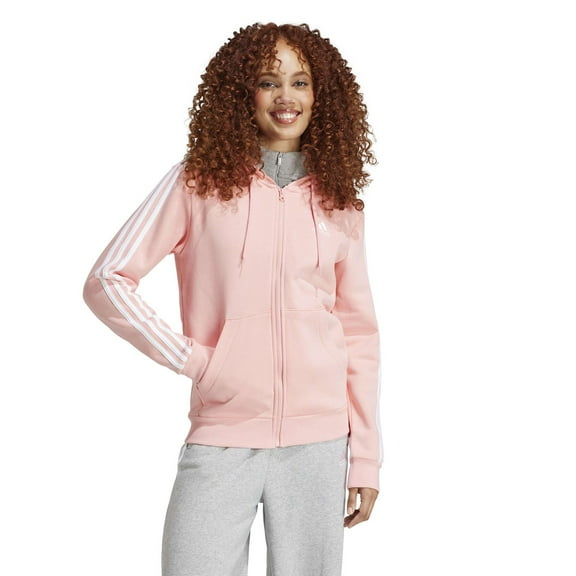 Women's adidas Essentials 3-Stripes Full-Zip Fleece Hoodie Color: Pastel Pink Size: X LARGE