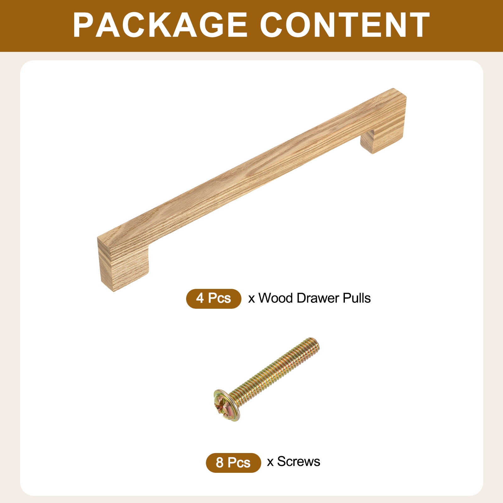 Uxcell 4 Pack Wood Drawer Pulls, 8 Inch Hole Center Square Wooden Drawer Pulls Cabinet Handles with Screws for Kitchen Dresser Wardrobes Door Cupboard, Ash Wood