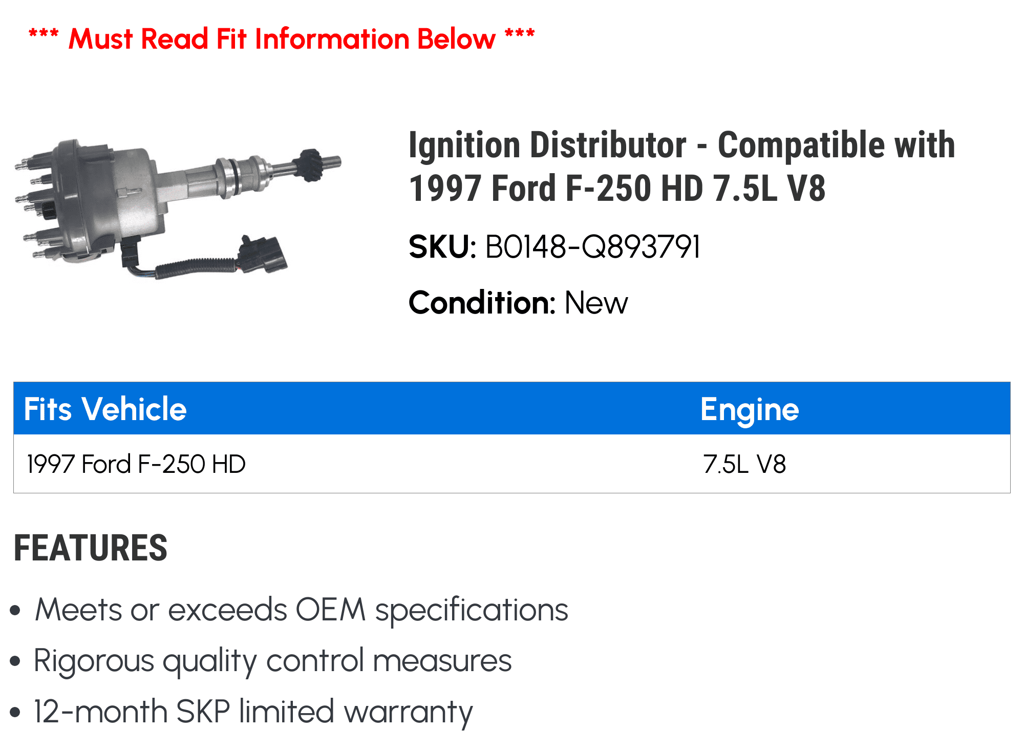 Ignition Distributor - Compatible with 1997 Ford F-250 HD 7.5L V8