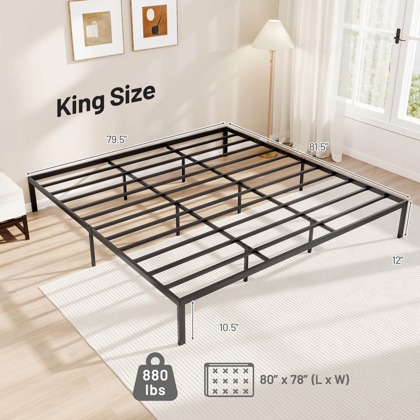 Infans King Size Metal Bed Frame  Heavy Duty Support Slats Mattress Foundation