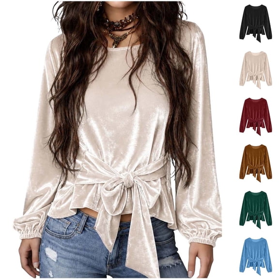 Asxite Women Fall Winter Tops Round Neck Long Sleeve Velvet Drawstring Detail Solid Fashion Shirts