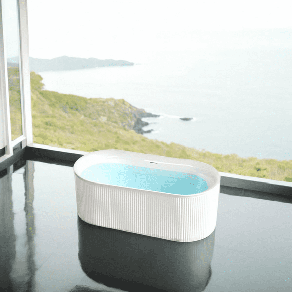 67" Acrylic Freestanding Bathtub-Acrylic Soaking Tubs, Fluted style-Gloss White Freestanding Bathtub With Classic Slotted Overflow and Toe-tap Drain in Chrome