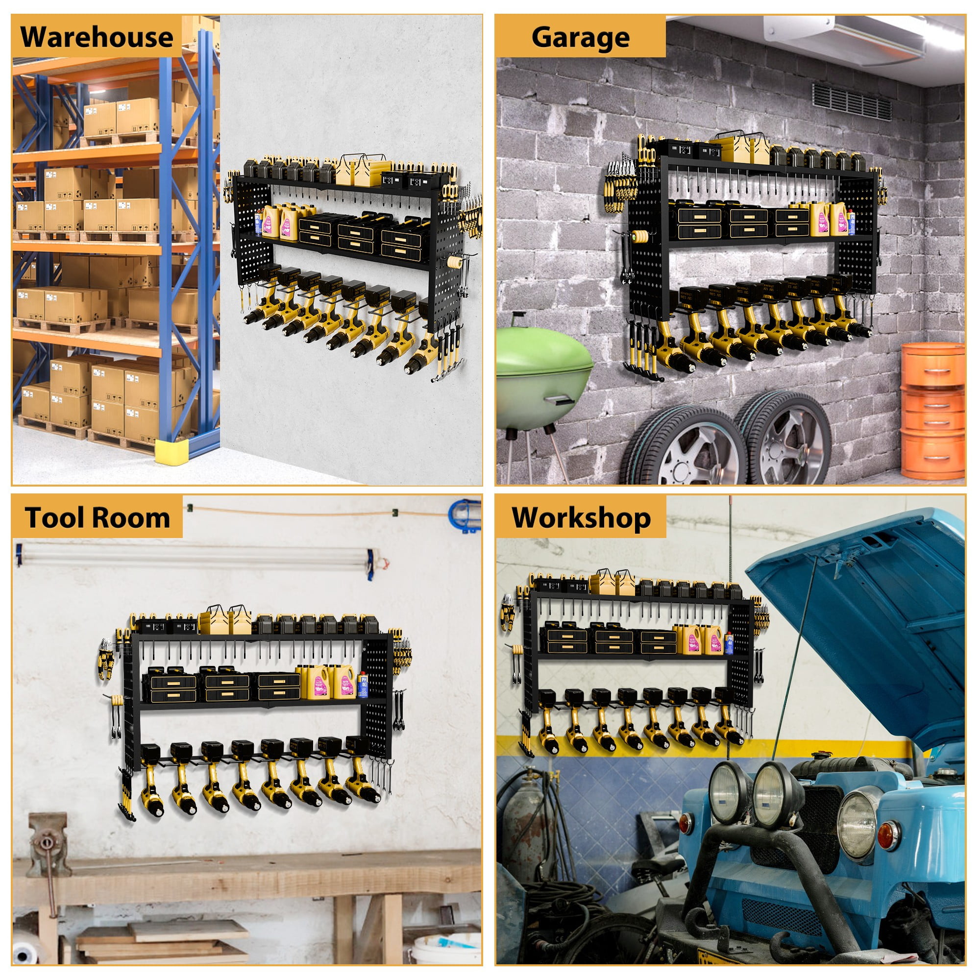 YHGJ Wall Mount Power Tool Organizer 8 Drill Holder, 3 Layer Heavy Duty Metal Storage Rack Floating Tool Shelf with Pegboard, Garage Tool Organizer with Screwdriver/Plier/Hammer Holder